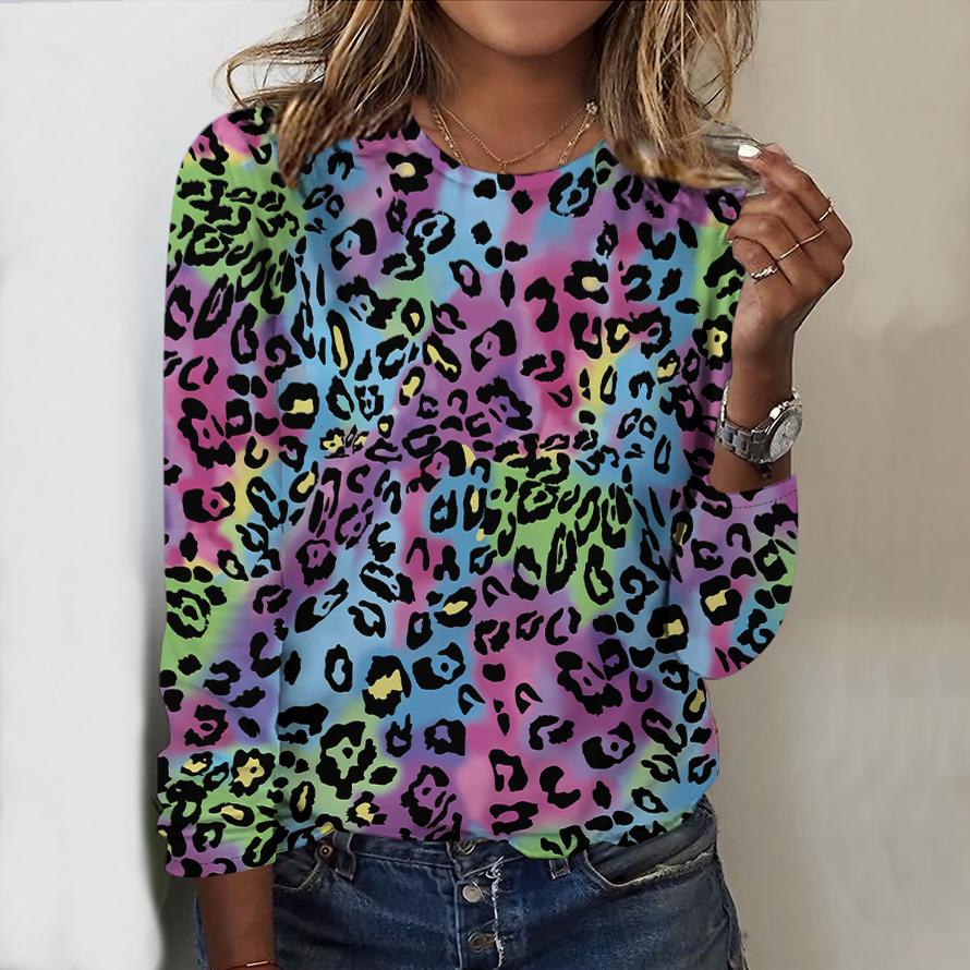 Топы для женщин с леопардовым принтом и круглым вырезом, футболка с длинным рукавом, осенний повседневный тонкий пуловер, женский топ с длинным рукавом