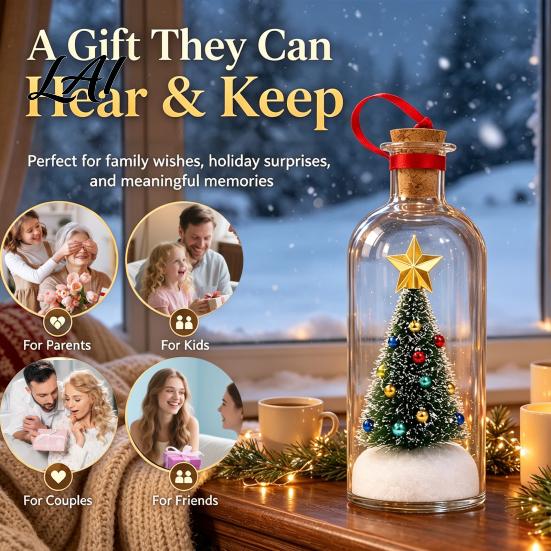 Glass Snow Decoration Recordable Christmas Message in A Bottle Voice Recording Holiday Keepsake with Exchange Gift Ideas Playback Cork Snowy