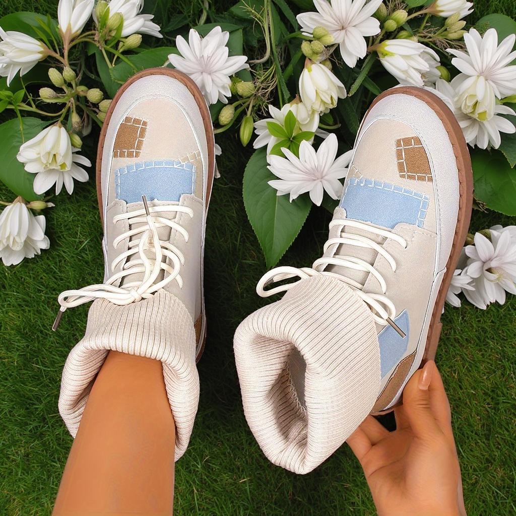 Beige & Blue Plaid Chunky Low Heel Lace-Up Ankle To Mid-Calf Booties - Round Toe Casual Winter with Sole & Fabric Upper