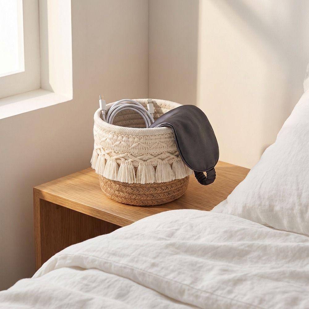 Round Woven Storage Basket Cotton Rope Makeup Brush Storage Box for Living Room