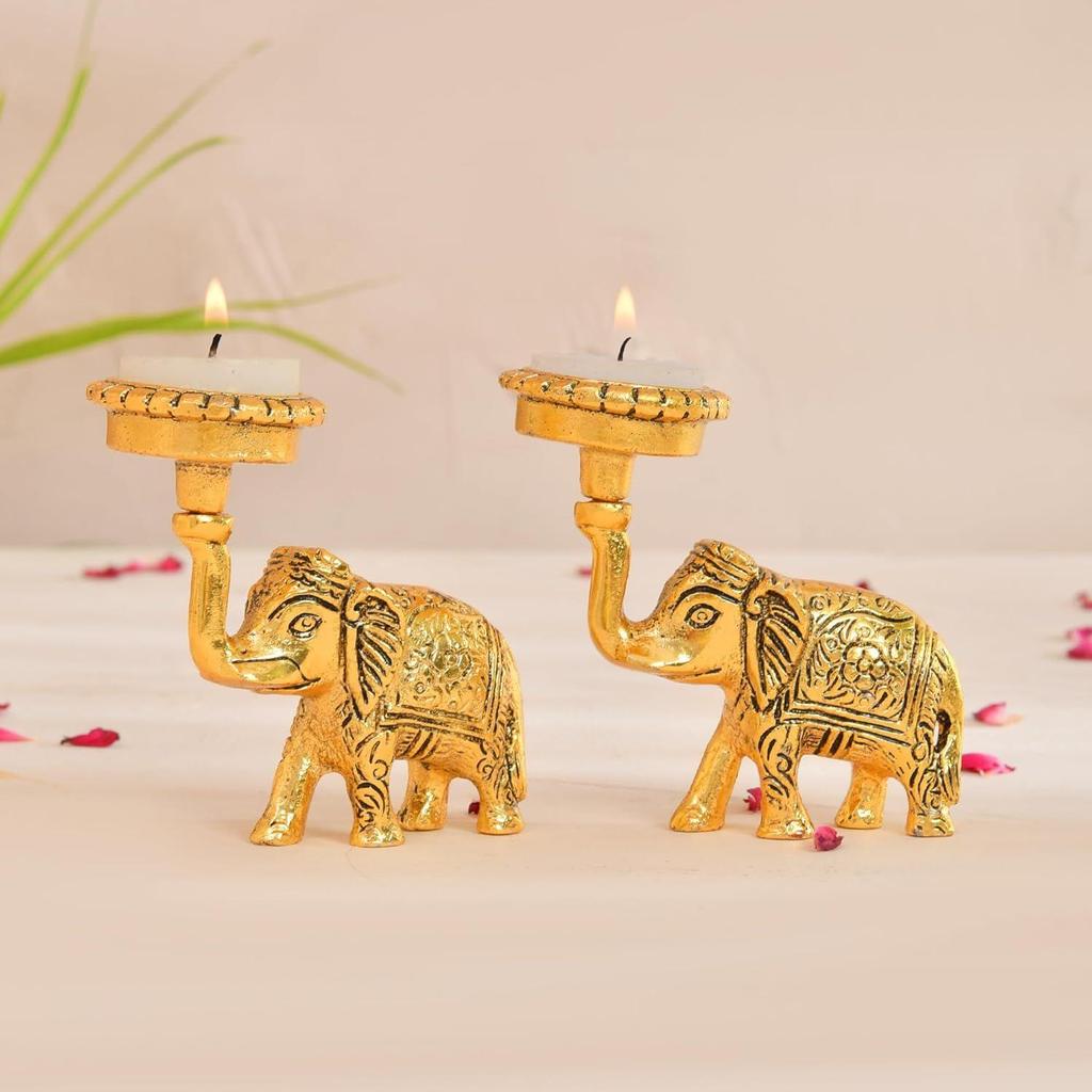 Elegant Metal Elephant Candle Holder Set of 2 - Perfect Home Decoration Diwali, Intricate Design Tealight Candle Holders for Office Decor Home Decor,