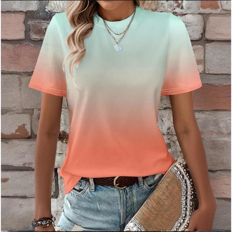 Gradient T-shirt Women's Summer Outdoor Fashion Round Neck Short Sleeve Tops Gradient Trendy Style OverSize Loose Women Clothing