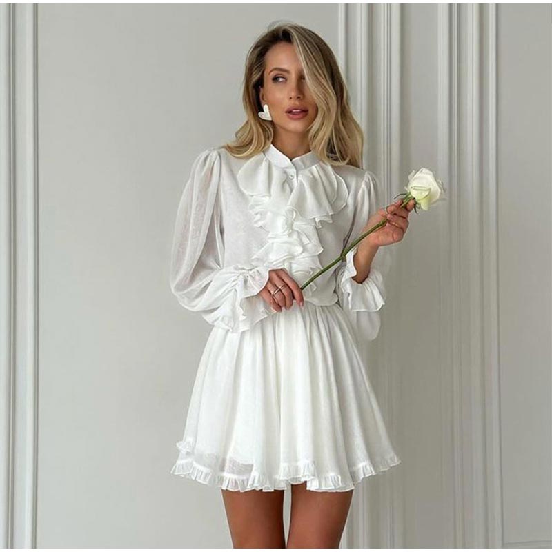 White Elegant Ruffled Mini Dress for Women Patchwork High Waist Long Sleeve See-Through Party Dress