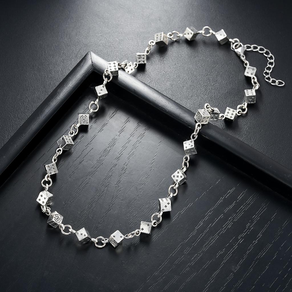 Vintage Silver Dice Bead Chain Jewelry Set Cube Link Adjustable Necklace Bracelet Punk Unisex Wrist Neck Jewelry