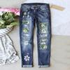 Women's Blue Flower Printed Stretch Jeans High Waist Trousers Patch Ripped Destroyed Denim Pants Skinny Pants