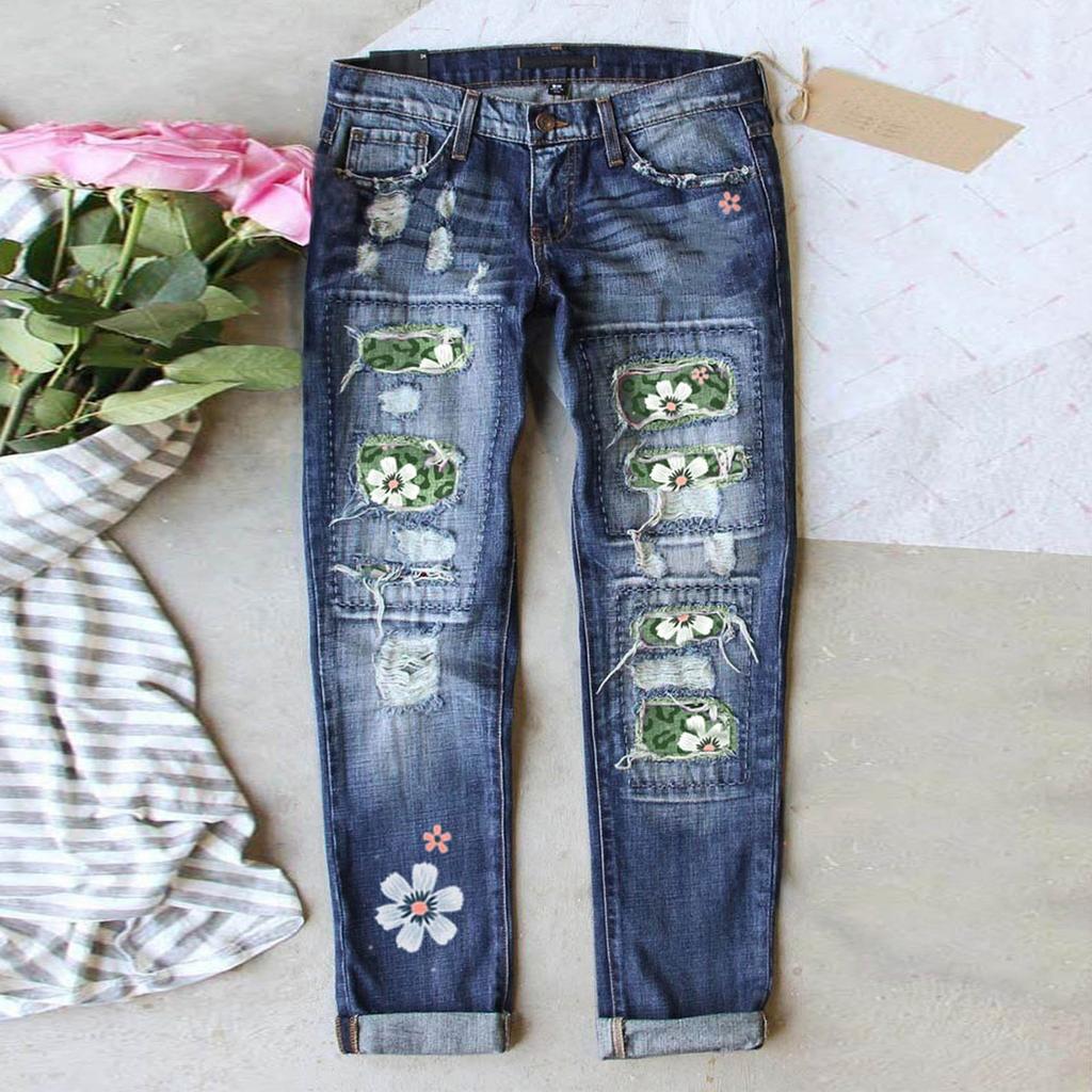 Women's Blue Flower Printed Stretch Jeans High Waist Trousers Patch Ripped Destroyed Denim Pants Skinny Pants