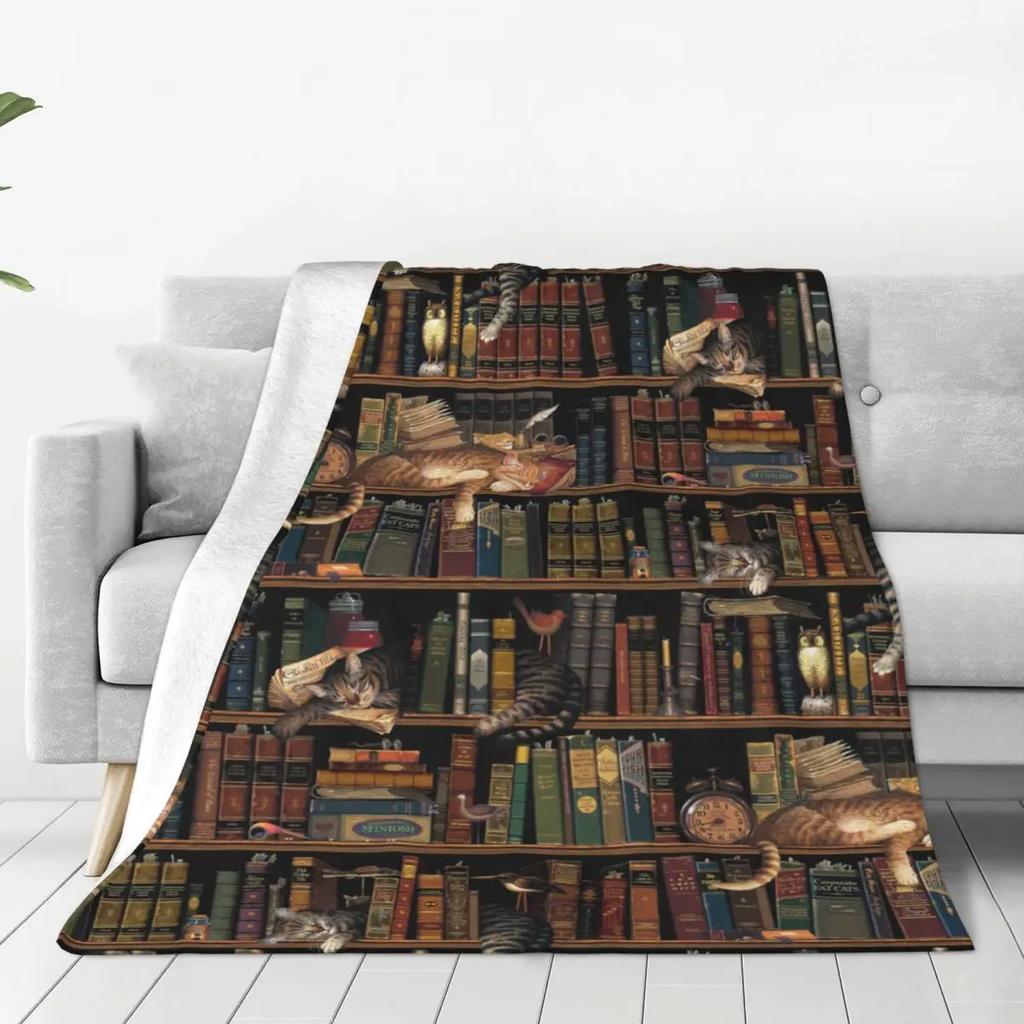 Reading Antique Books Blanket Mysterious Cats Flannel Novelty Warm Throw Blankets for Home Autumn/Winter