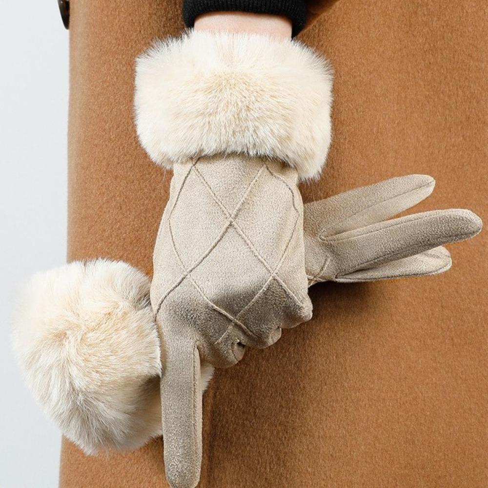 Plaid Winter Fleece-lined Gloves Suede Women Cycling Mittens Retro Gloves Female