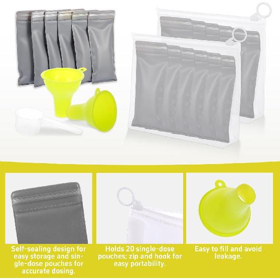 Набор контейнеров для протеинового порошка в одноразовых порциях, 28 шт. - Многоразовые контейнеры для пищевых добавок в порошке - 20 пакетиков для одноразовых порций и 4 больших контейнера для путешествий