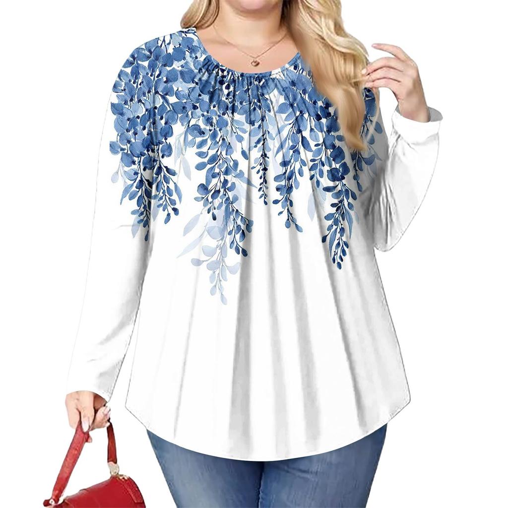 Women's Plus Size Fashion Printed Casual Pleated Round Neck Long Sleeve Top