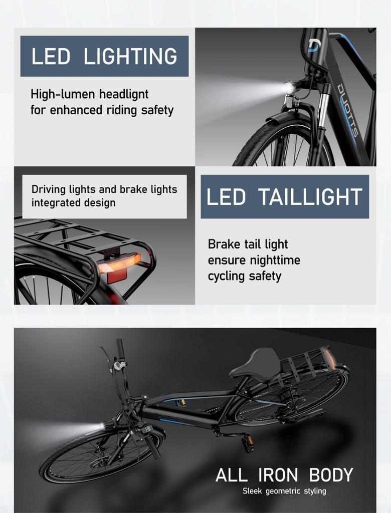 DUOTTS C29 Lite City Electric Bike 250W Motor 36V 13Ah Battery 27.5 inch Tires 25km/h Max Speed 65km Max Range Shimano 7-speed
