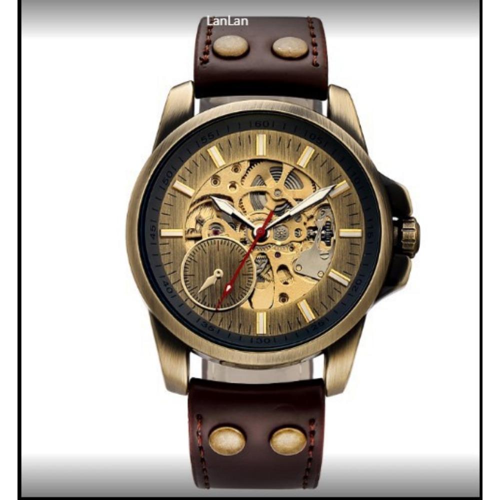 New Men's Mechanical Skin with Riveted Buckle Fashion Men's Bronze Watch