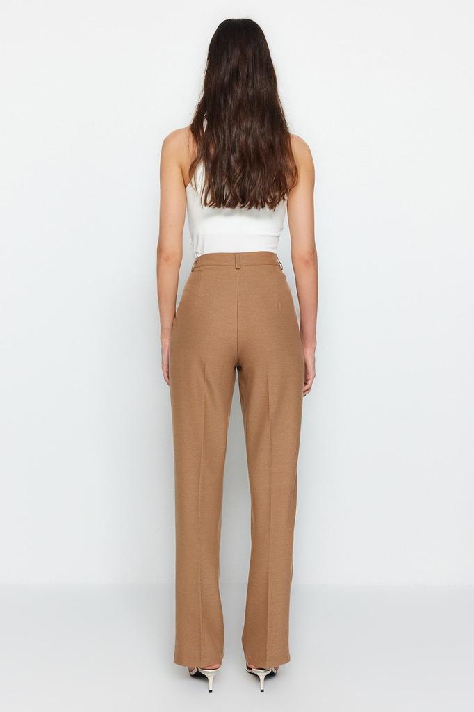 Women's Fashion Limited Edition Brown Straight Straight Cut Pleated Woven Trousers