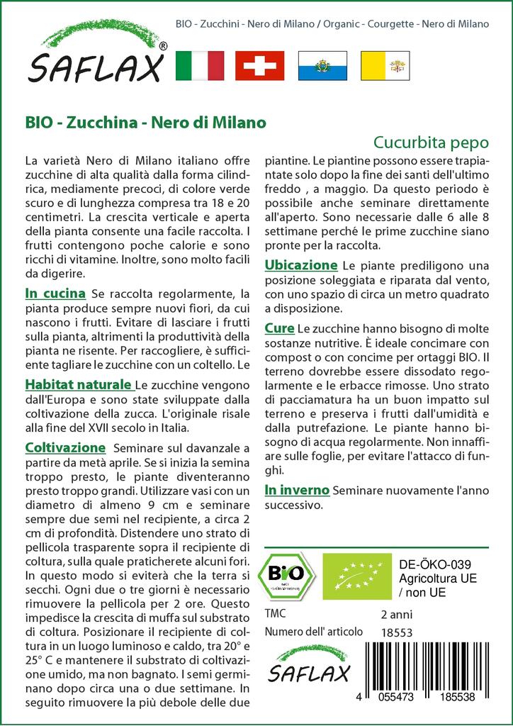 SAFLAX Сад в пакете - Органический - Кабачок - Неро ди Милано - 6 семян - С субстратом в подходящем стоячем пакете - Cucurbita pepo