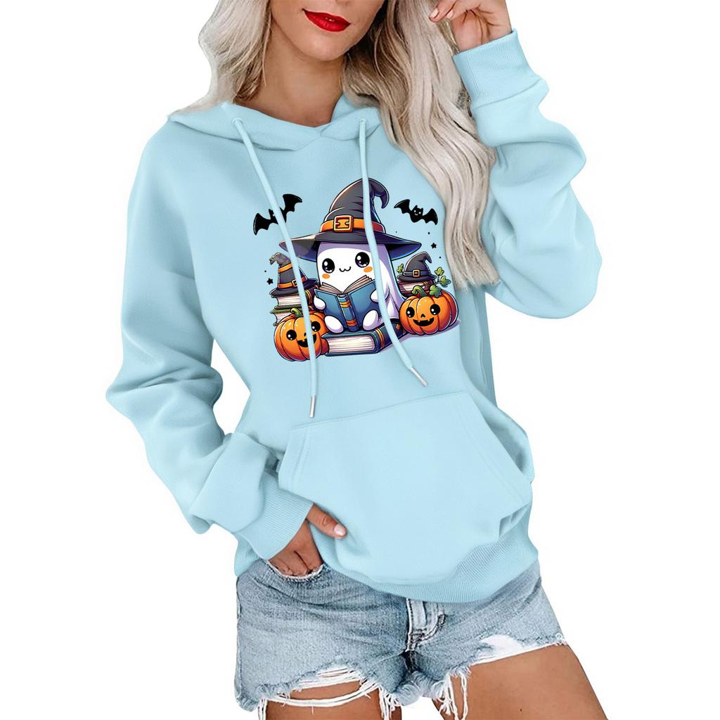 Женский модный, повседневный, удобный свитер с круглым вырезом, капюшоном, длинными рукавами и принтом на Хэллоуин