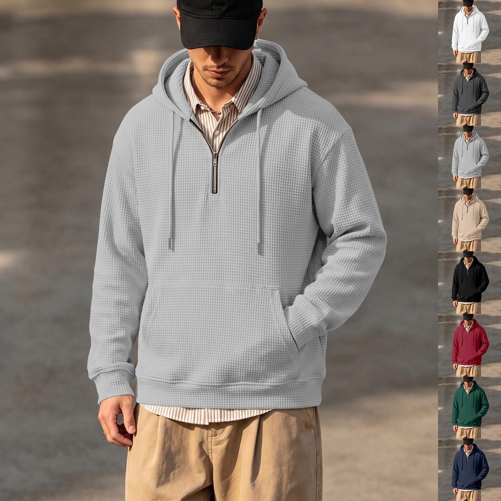 Men’s New Autumn/Winter Casual and Versatile Waffle-Pattern Half-Zip Hooded Pullover