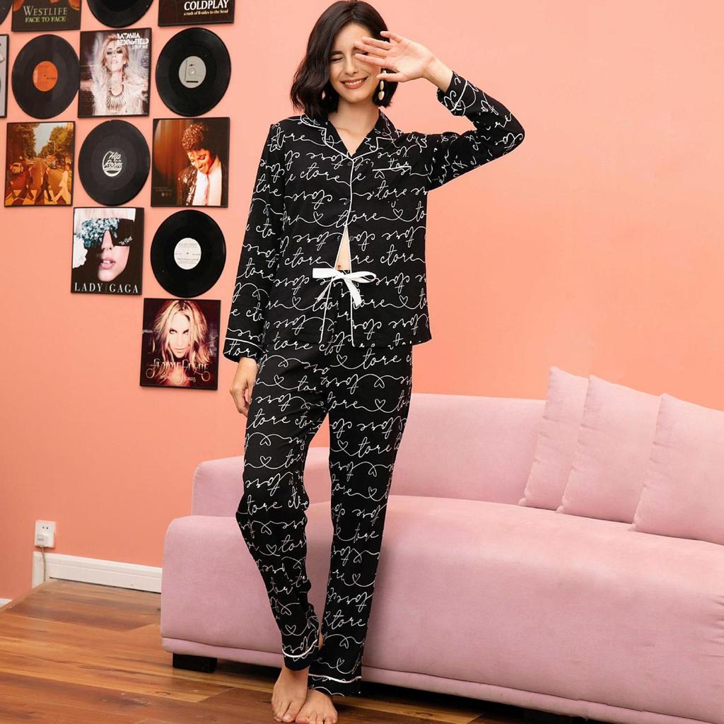 Женские пижамы BRIGHT DEER из искусственного шелка с принтом в виде букв и брюки розового и черного цвета для сна, домашняя одежда для осени