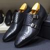 Luxury Double Buckle Monk Strap Men's Dress Shoes Genuine Leather Classic Crocodile Pattern Formal Business Office Footwear