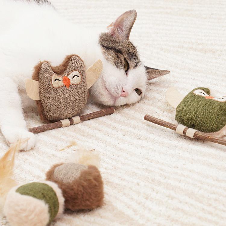 Natural Catnip Owl Cat Toy Plush Chew Teaser with Feather and Wooden Stick Interactive Indoor Kitten Toy 1/2/4PCS