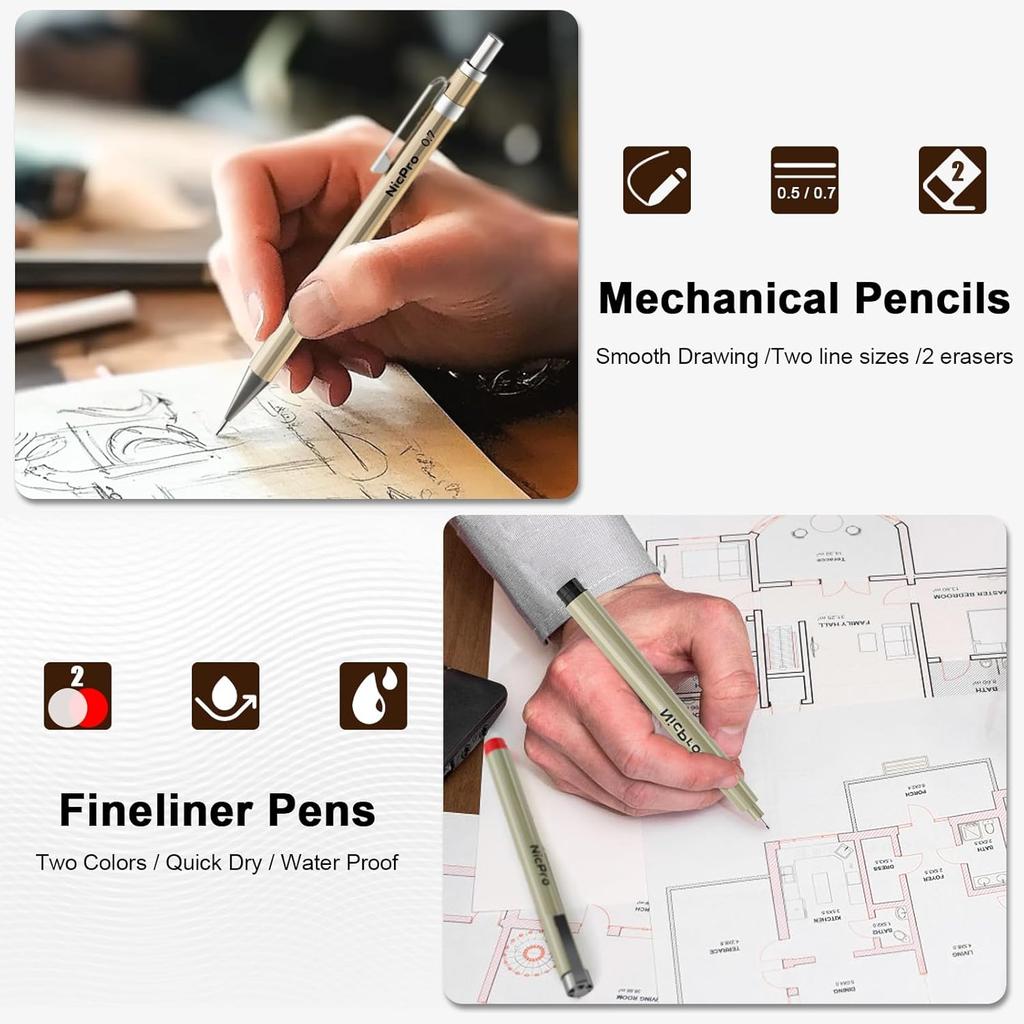 Nicpro 20PCS Professional Geometry Set with Case, Drafting Tools with Protractor and Compass, Metal Rulers, Triangles, Pens, Pencils, Drawing