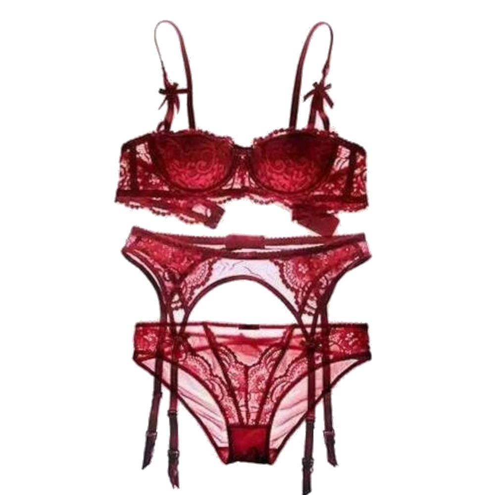 Соблазнительный кружевной бюстгальтер, трусики и подвязка, комплекты бюстгальтеров