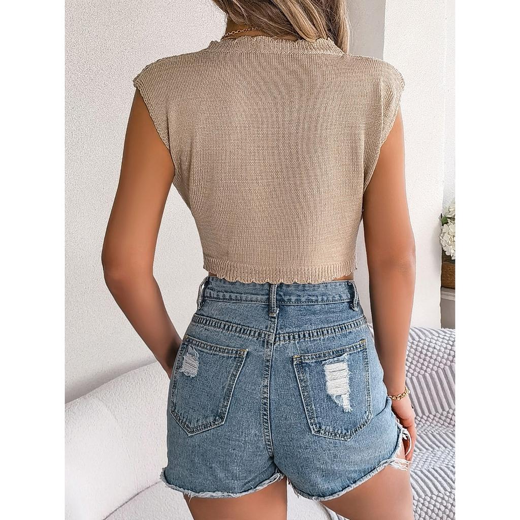 HNXC Spring Summer Hollowed-out Leaf Crop Crop Knit Top for Women's Vacation