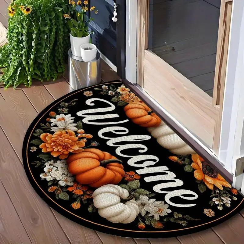 VIKAMA Autumn Thanksgiving Half-Circle Floor Mat - Maple Leaf Pumpkin - Indoor and Outdoor Entrance Door Mat for Home Decoration