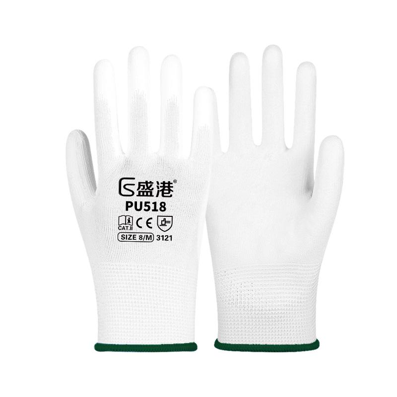 Белые перчатки с полиуретановым покрытием на ладони, антистатические, безворсовые, защита пальцев цветной полосой