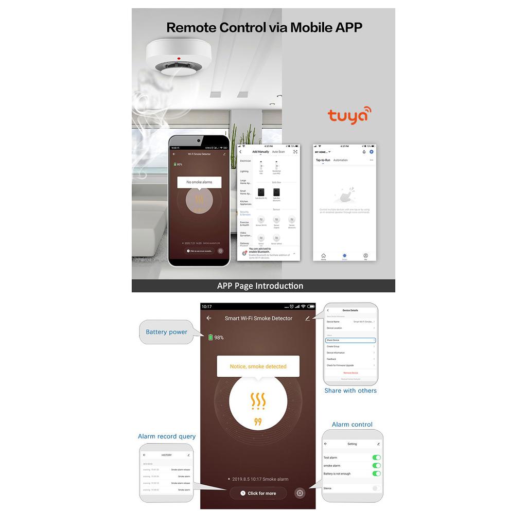 TUYA Smoke Detector Wireless White Color Smoke Sensor Highly Sensitive alarm fire for Home Alarm