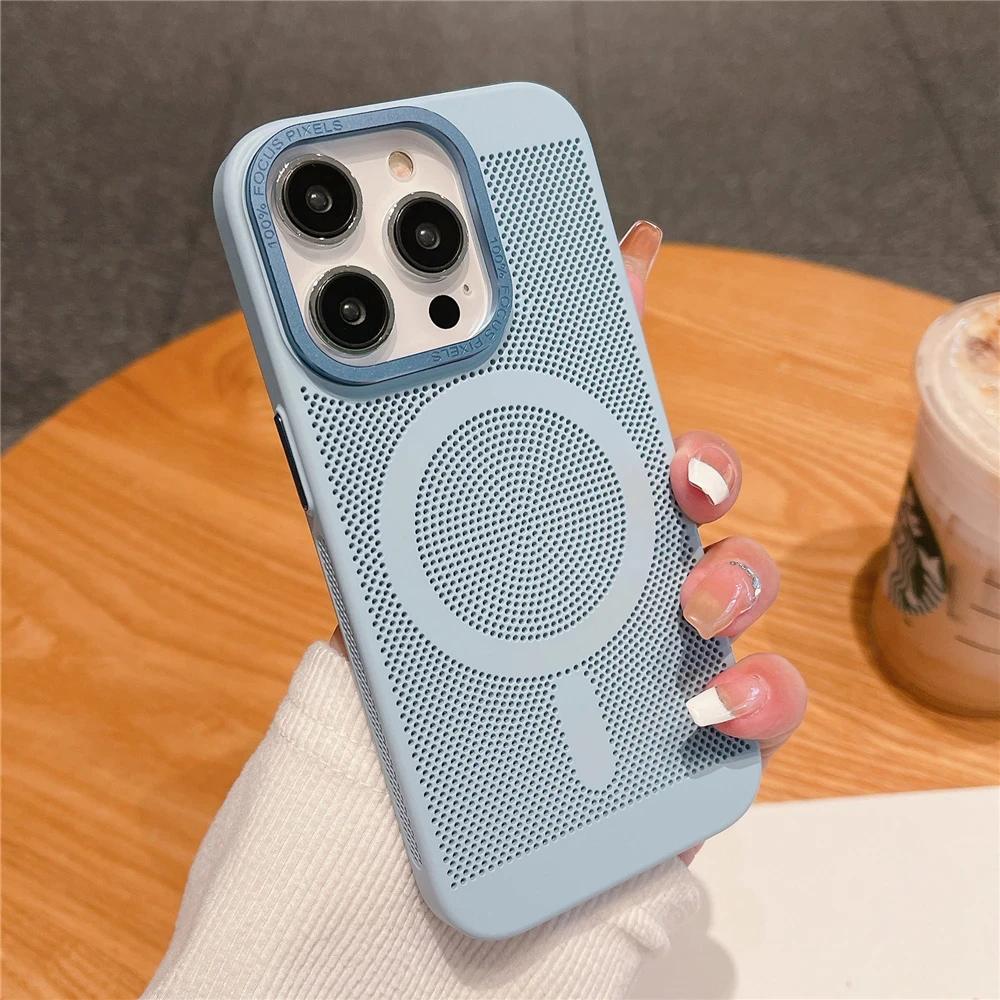 Ultra Thin Heat Dissipation Mesh Grid Magnetic Case for iPhone 15 13 12 14 11 Pro Max Matte Hard Steel Magsafing Shockproof Cove