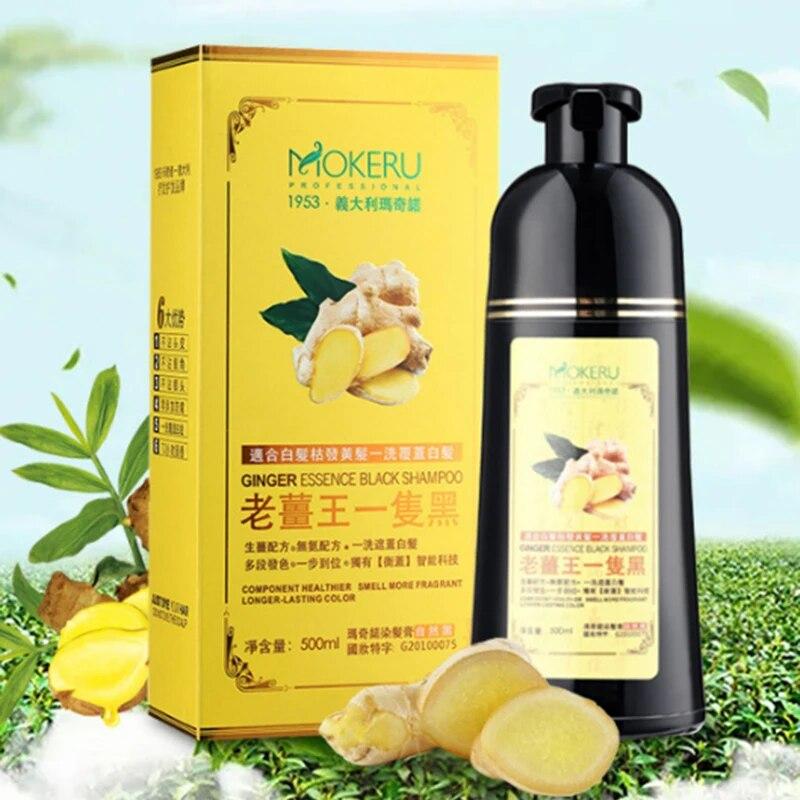 MOKERU 500ml Long Lasting Natural 5 Minutes Fast Dye Hair Ginger Black Color Hair Dye Shampoo for Gray Hair Dying Permanent