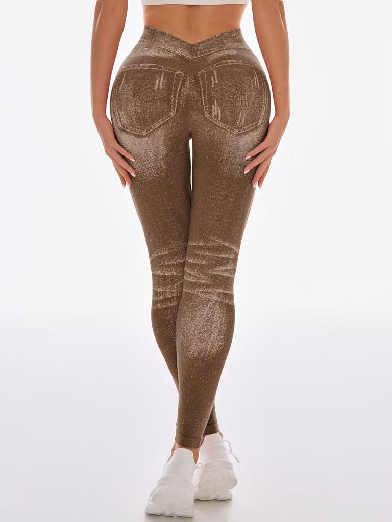 Бесшовные леггинсы для йоги с высокой талией и эффектом пуш-ап для женщин - Быстросохнущие, стройнящие, облегающие, в стиле денима, для бега и фитнеса