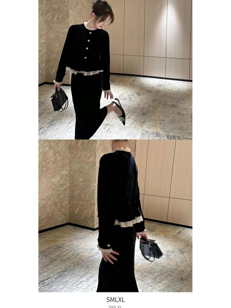 Coco Xi Осень/Зима Кружевной Двухпредметный Стиль Приталенное Маленькое Черное Платье