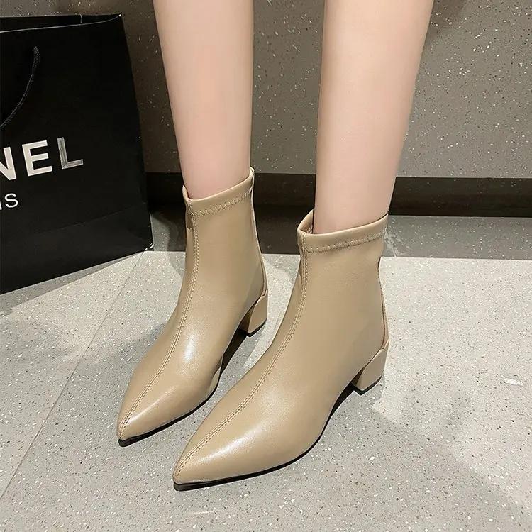 2024 Новые корейские однотонные остроносые короткие ботинки на толстом каблуке с задней молнией для высоких и стройных, короткие ботинки средней высоты каблука для женщин
