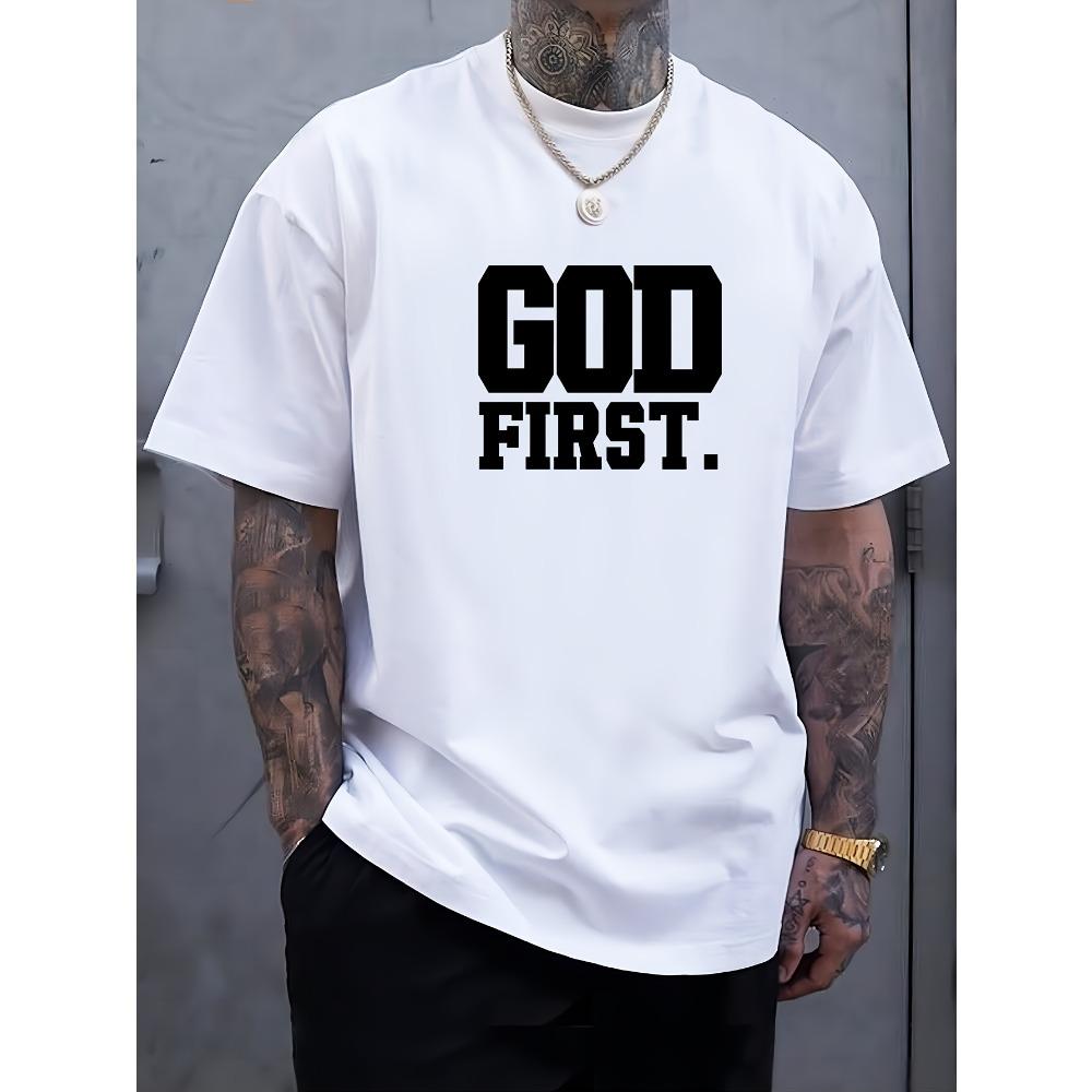 Летняя хлопковая модная повседневная мужская футболка с принтом букв GOD FIRST свободного кроя с круглым вырезом