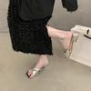 New Bow-tied Cool Slippers with Skirt Square Head Thick Heel Silver Sandals Women