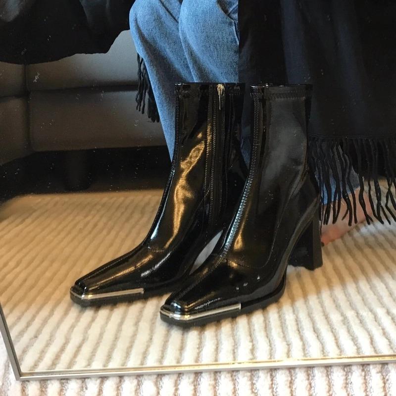 Универсальные осенне-зимние новые полусапоги, визуально стройнящие, лакированные ботильоны, женский высокий каблук, блочный каблук