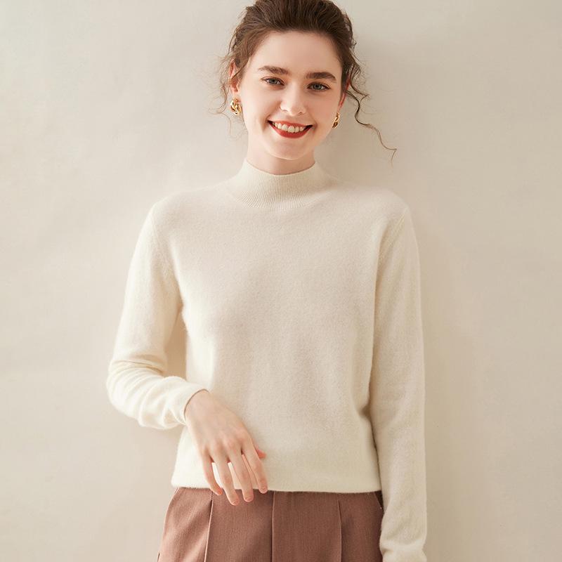 Women's Soft Cashmere Half-High Collar Sweater - Cozy, Loose-Fit, Solid Color, Gentle Style for Autumn/Winter.