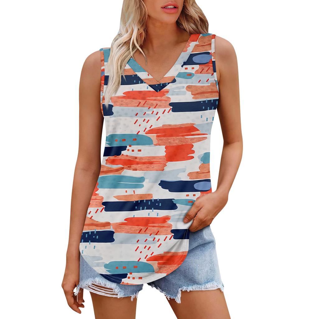 Женская майка с V-образным вырезом и принтом, повседневная майка, свободный крой, топы без рукавов, струящиеся
