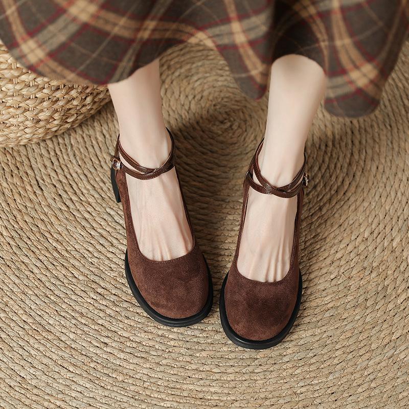 French Mary Jane women's shoes retro suede light mouth high heels spring and summer new thick heel round head cross strap single shoes women