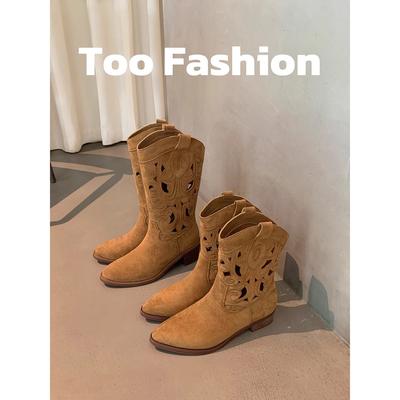 Кожаная версия виноградной мамы, две версии одного и того же стиля~ Spice girl острый носок полая вышивка средняя и короткая трубка толстый каблук вестерн