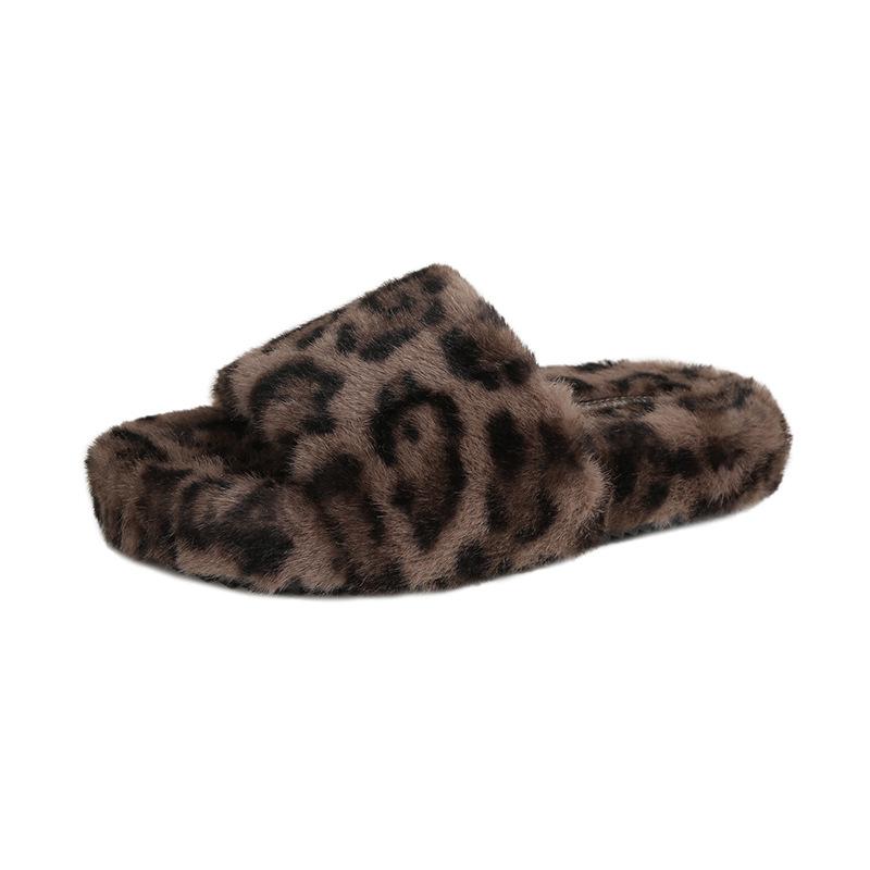 Fashion Leopard Fur Slippers Women Thicken Soled Platform Slides Winter Pantuflas Female Slip In Mink Furry Shoes Ladies Fluffy Loafers