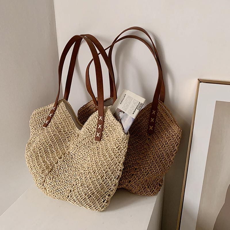 Summer Straw Bucket Shoulder Bag Women Large Capacity Beach Bags Vacation Rattan Tote Bag