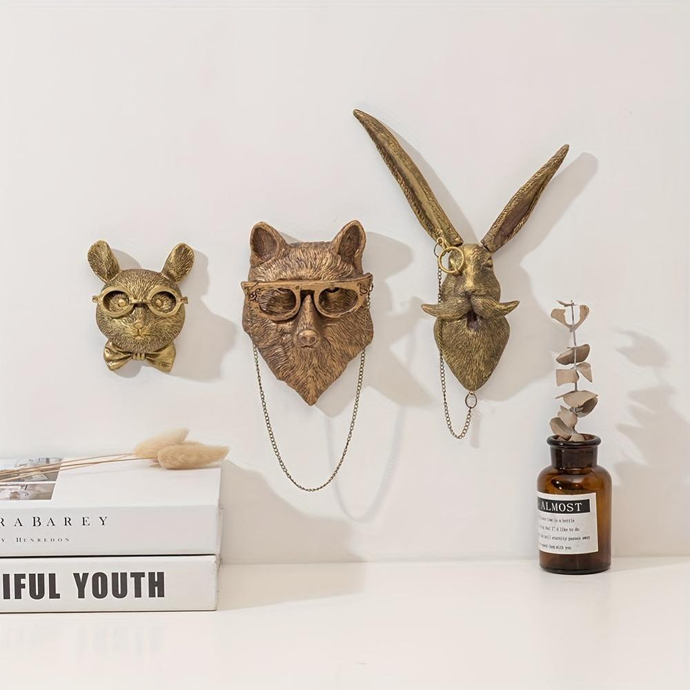Antique Bronze Resin Animal Pendant Golden Deer Head Wall Storage Hook Up Background Wall Accessories Decorative Figurines