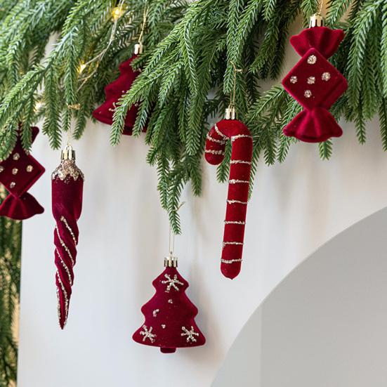 2 Pcs Velvet Christmas Ornaments Shatterproof Glitter Sequins Flocked Bell/Candy Cane/Ice Isicle Hanging Decoration for Xmas Tree Holiday Party Decor