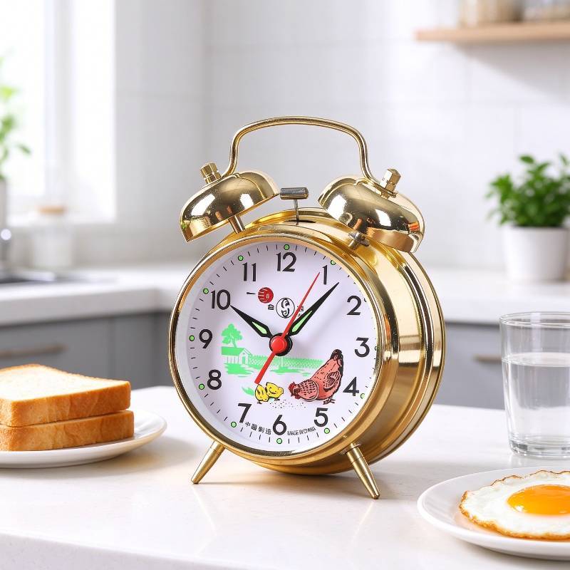 Mechanical Vintage Alarm Clock With Large Metal Case And Chicken Eating Rice Print For Bedroom Decor