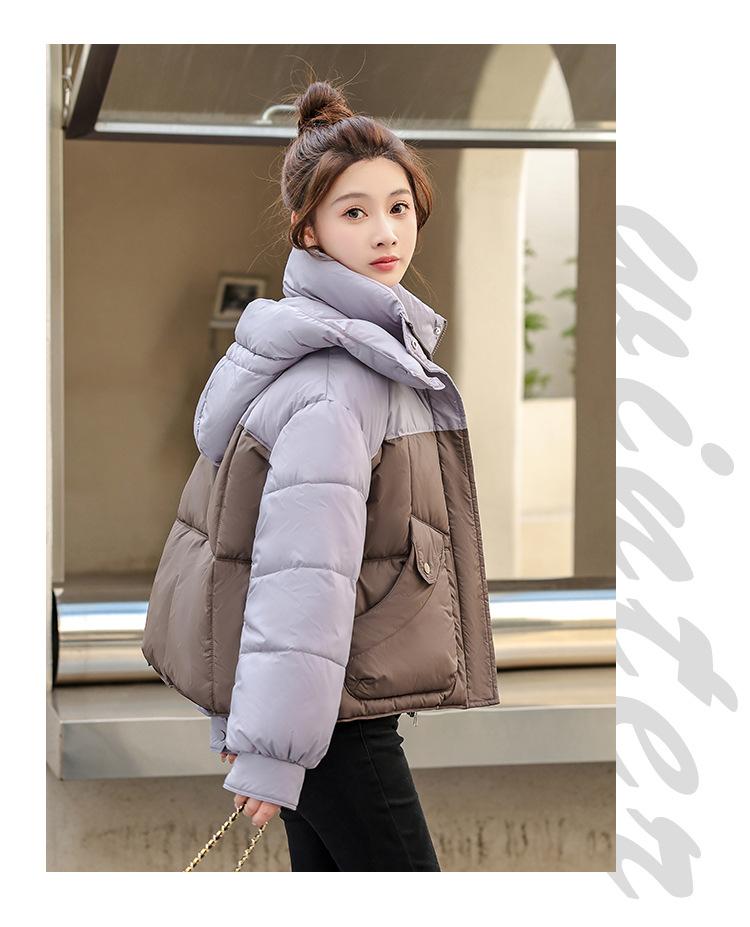 Autumn and Winter Women's Coat Hooded Short Color Matching Loose Casual Thickened Windproof Student Jacket