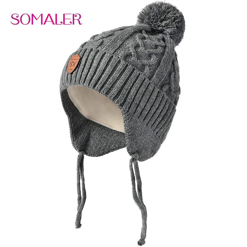 SOMALER Winter Baby Hat Real Fox Fur Pom Hat Knitted Boy Cap Cotton Earmuff Hat WarmThick Kid Beanie