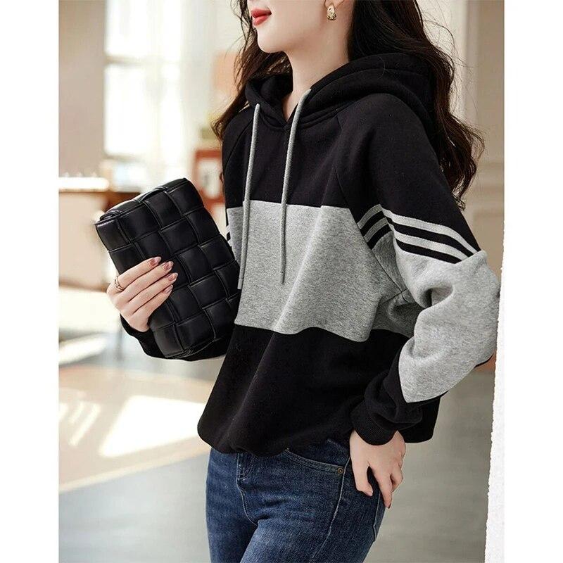 Autumn Winter Loose Casual Patchwork Hoodies Ladies Simple Fashion All-match Pullover Women Hooded Sweatshirt Female Clothes