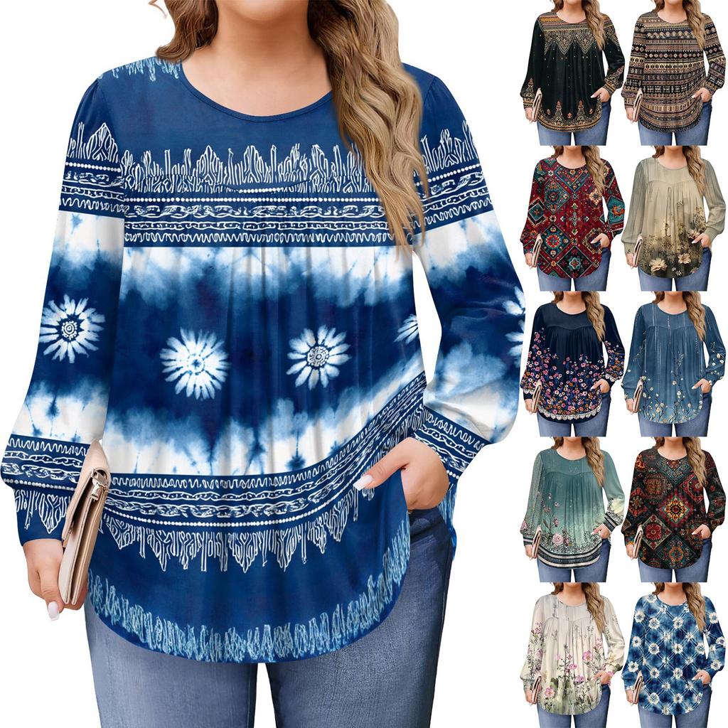 Womens Plus Size Tops Long Sleeve Shirts Round Neck Flowy Tunic Casual Loose Blouse L-5X